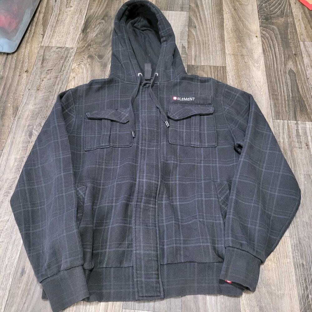 Element Skateboards Full Zip Hoodie Mens Small Plaid Gray Pockets Logo
